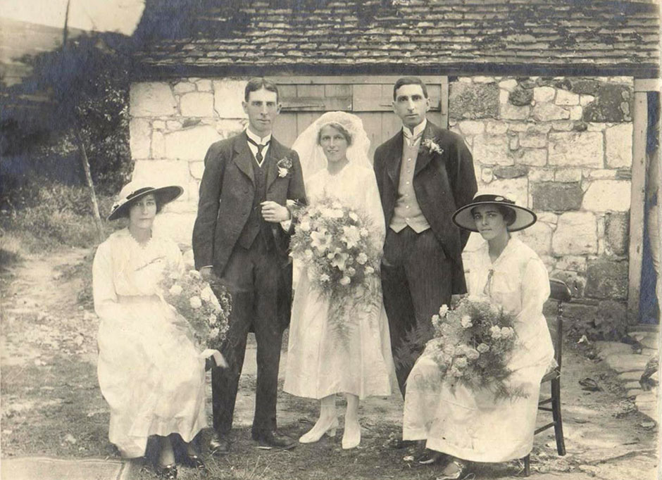 The wedding in 1916.  With the couple are (L-R) Con Quinton (cousin to Rosalie), Leonard Child (brother to Stewart) and Amy Child (sister to Stewart and mother of Helen Barton/Kegie).  