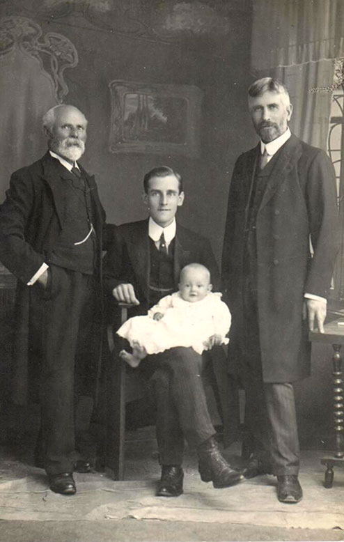 The christening of Peter Rex Robinson at Newport, Isle of Wight in 1911.  The baby is held by Stanley Robinson who has married Daisy, the daughter of Edwin and Annetta Tyler.  Edwin stands at the right and the man on the left is probably Stanley’s father