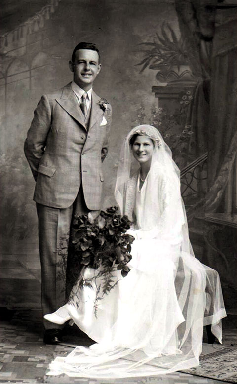 Marriage portrait for Alison Lock and Charles Everit Fry in 1935.  Alison was a cousin to Helen Kegie who served as a Nursing Auxiliary in World War II, but died tragically in a motorcycle accident in 1952.