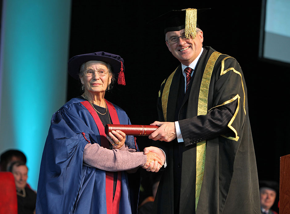 Helen receives an Honorary Fellowship of the University of Wales, Newport, from the Chair of Governors, Andrew Wilkinson (2010)
