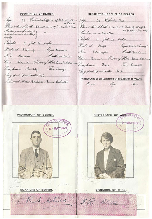 Passport details for Stewart and Rosalie in 1921