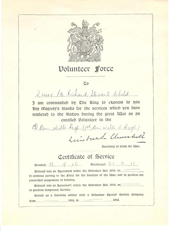 During World War I Stewart served as an Enrolled Volunteer with the 1st Volunteer Battalion of the Wiltshire Regiment for the period 18th July 1916 to 31st March 1918.  This is his Certificate of Service, issued by Winston Churchill, who was Secretary of State for War.