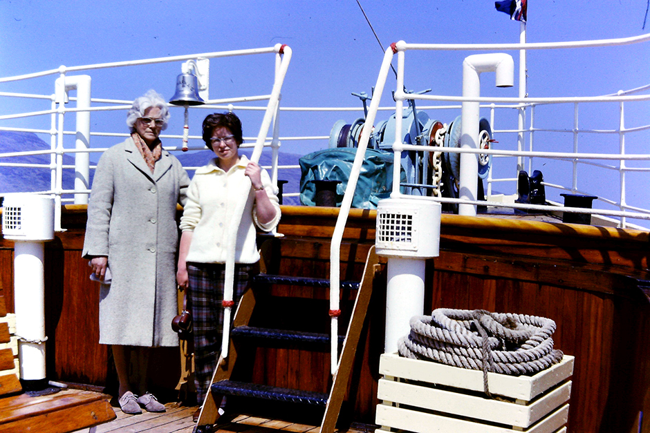 Amy and Margaret sail on the ship M.S. Loch Arkaig from Mallaig in western Scotland, on 29th May 1963.