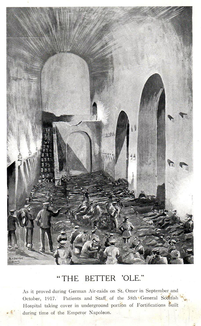 On 15th October Alfred produced this remarkable drawing of the patients and troops seeking shelter in the old fortifications.  This appears to be a print from a publication but the details are not known.  The family was previously unaware of this talent and amazingly, Alfred concludes this diary on 1st January 1918 with the extraordinary statement “Did a little sketching (attempt!) after getting home – V.A.D. P.P.C. but decide I have no talent in that direction”.