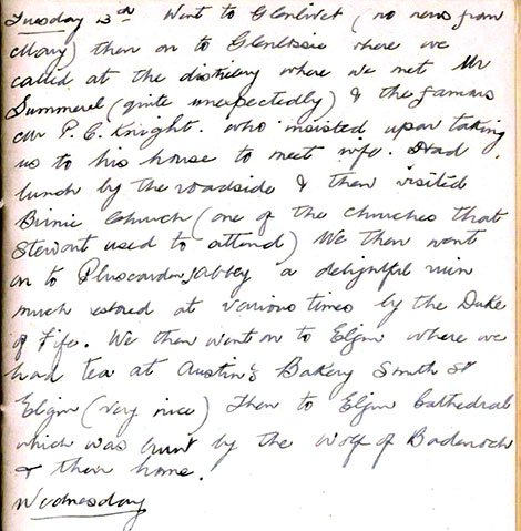 The last page of the diary.  Rosalie visits Glenlossie Distillery, Pluscarden Abbey and Elgin.